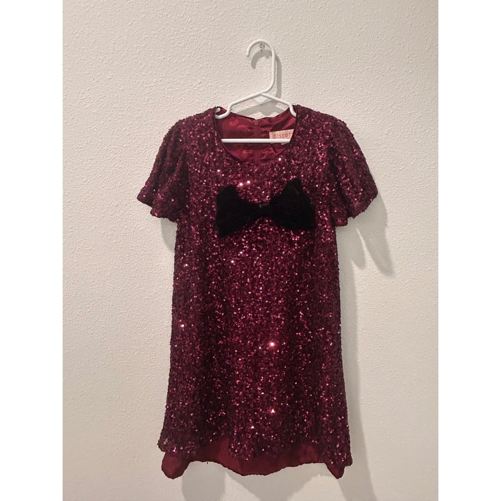 Biscotti Girls Burgundy Sequin Party Dress Black Velvet Bow Size 10